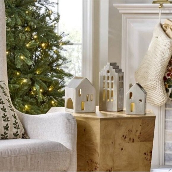 3pc Ceramic Village LED Tea Light Holder Set - Threshold Studio McGee 2024 - Picture 2 of 6